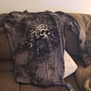 Affliction Gray Long Sleeve with Skull and Feather Design